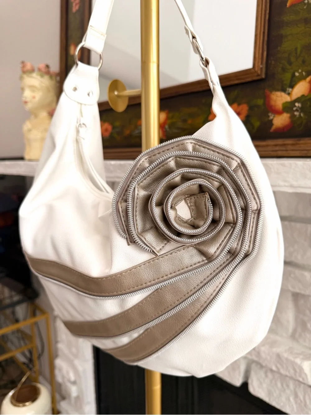 White Taupe Zipper Rose Hobo Shoulder Bag Y2K Statement Purse